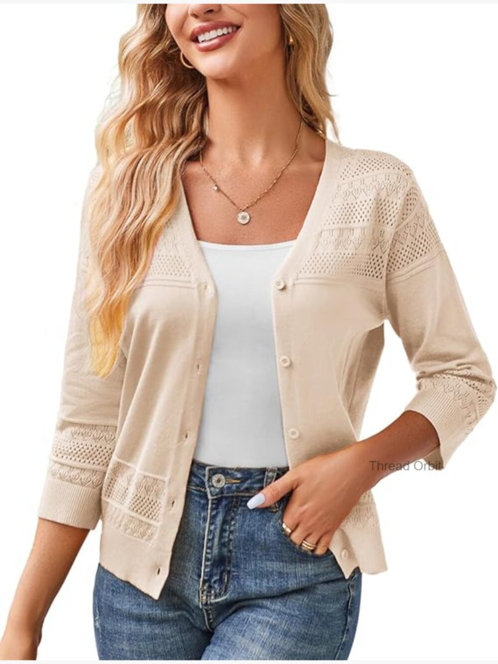 Lightweight Cropped Cardigan 3/4 Sleeve V-Neck Hollowed-Out Knit Sweater